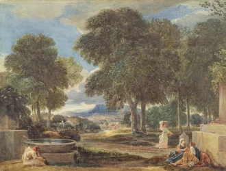 Paesaggio con un uomo che si lava i piedi a una fontana, da Nicolas Poussin (1594-1665)